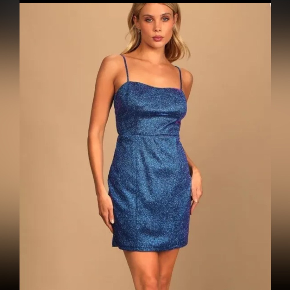 Lulu's Women's Shiny Royal Blue Metallic Sleeveless Lined Mini Dress Size Small